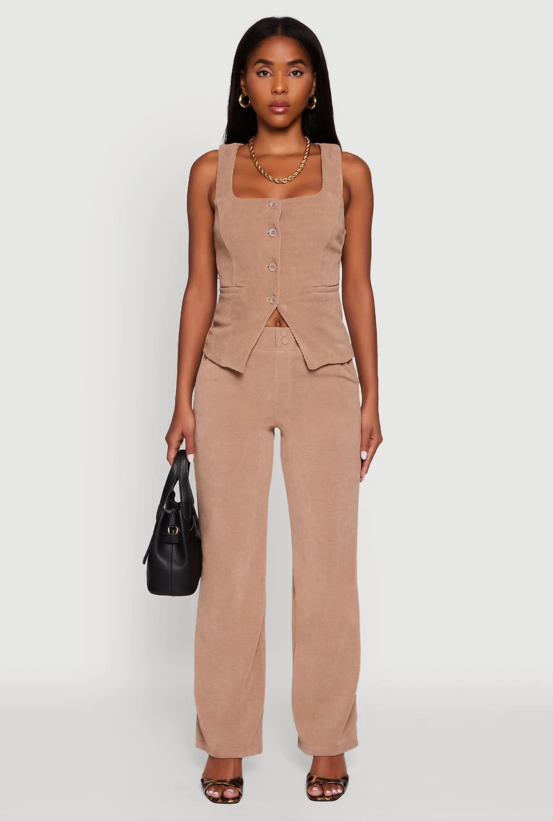 Womens High Waisted Wide Leg Pants with Faux Buttons, Khaki, Size M