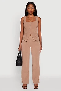 High Waisted Wide Leg Pants with Faux Buttons