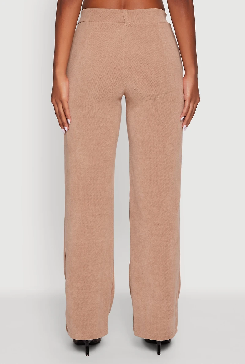 Womens High Waisted Wide Leg Pants with Faux Buttons, Khaki, Size M