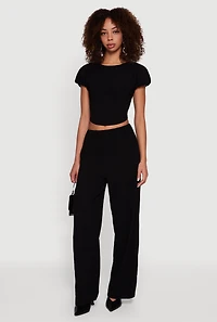 Womens Slit Back Puff Sleeve Crop Top, M