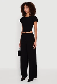 Womens Slit Back Puff Sleeve Crop Top, Black, Size M