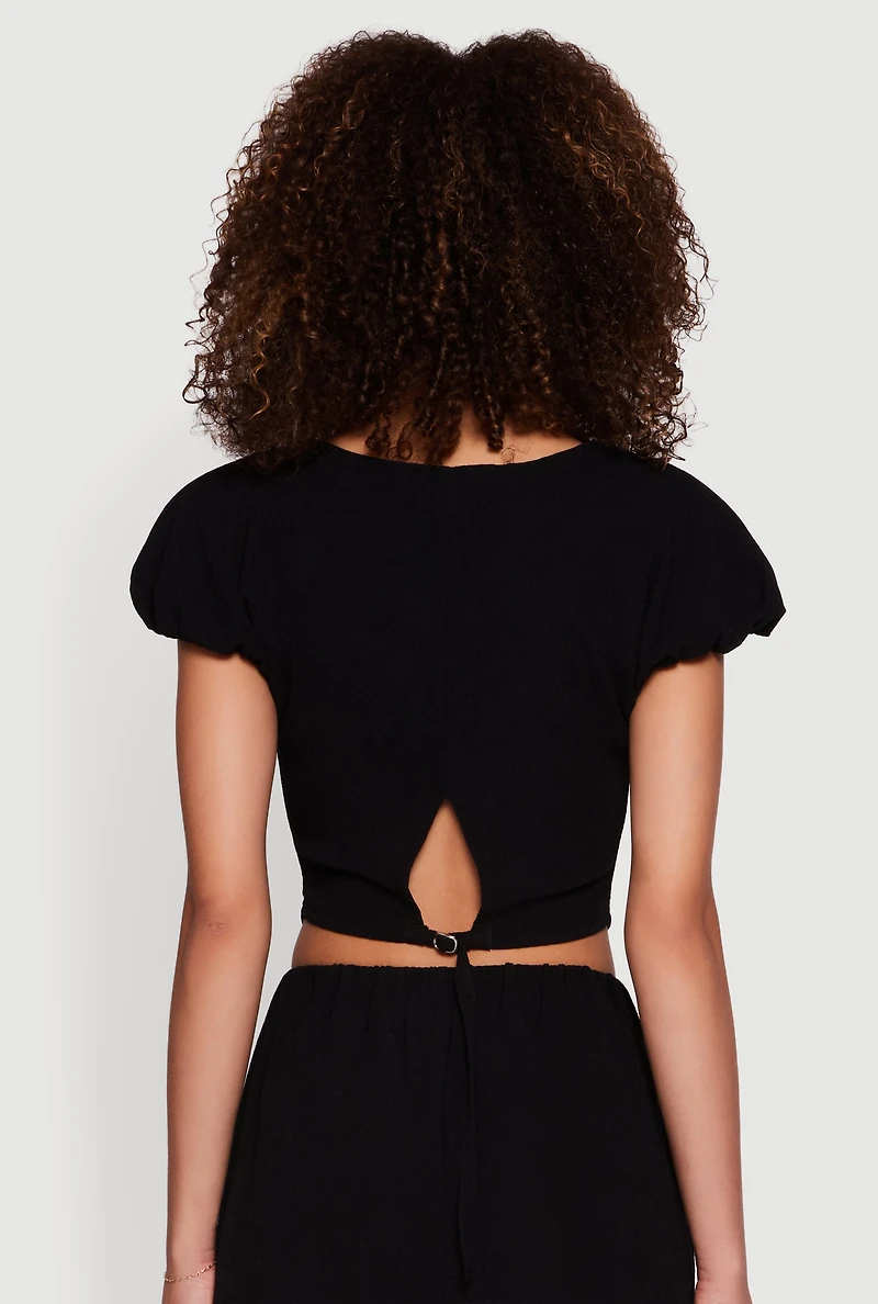 Womens Slit Back Puff Sleeve Crop Top, M