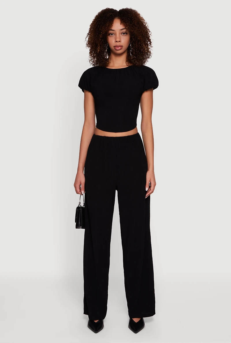 Womens Textured Knit Wide Leg Dress Pants, Black, Size L