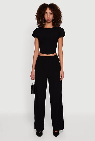 Womens Textured Knit Wide Leg Dress Pants, Black, Size L