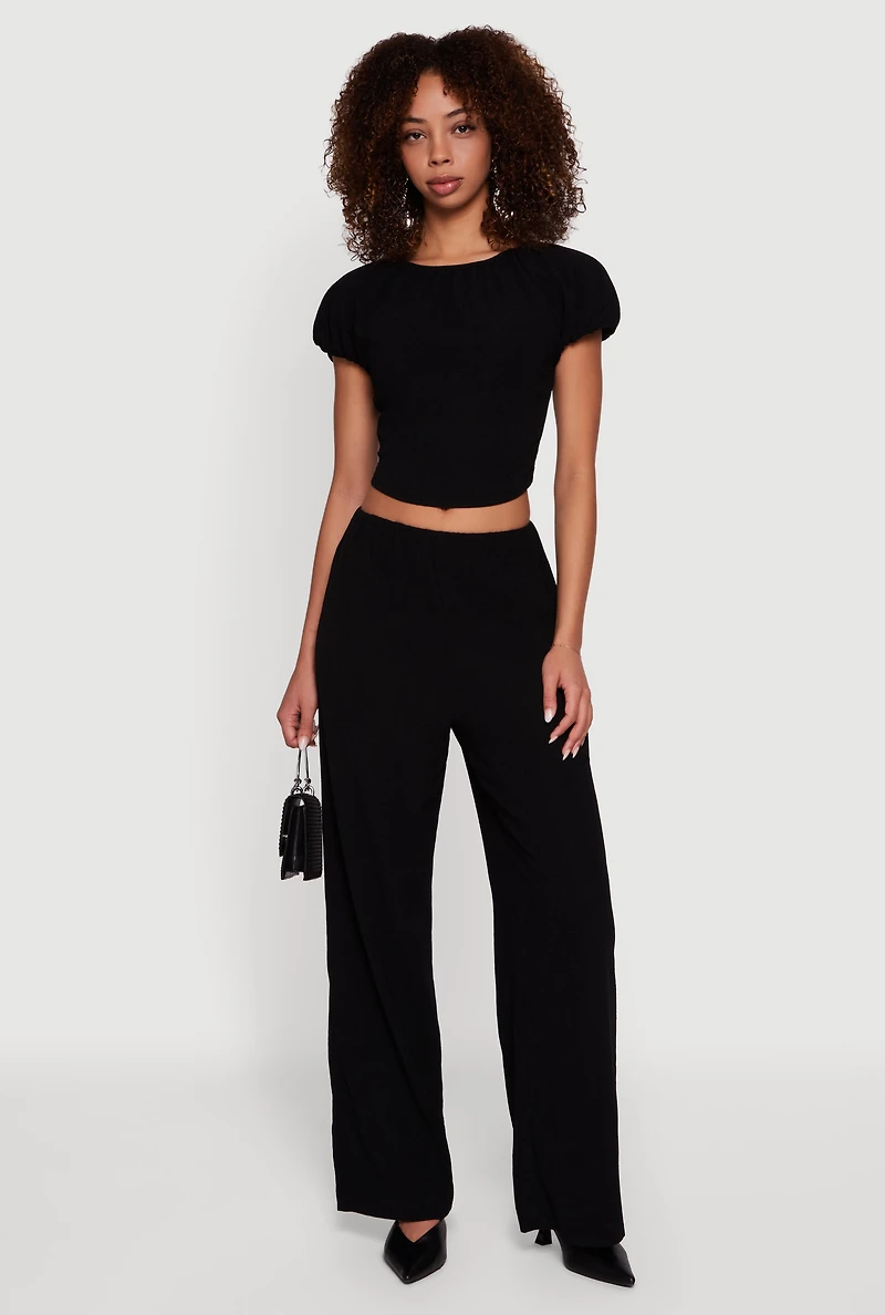 Womens Textured Knit Wide Leg Dress Pants, Black, Size L