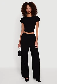 Womens Textured Knit Wide Leg Dress Pants, Black, Size L
