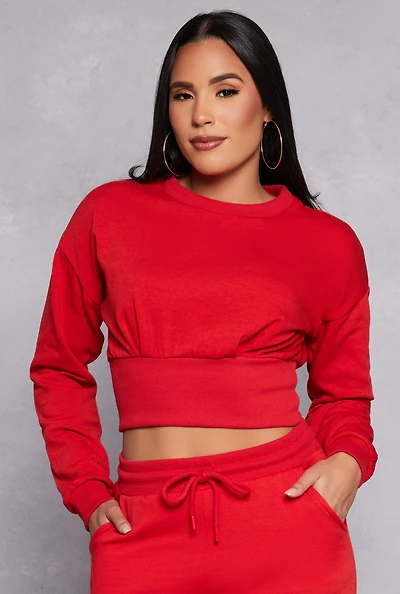 Womens Crew Neck Cropped Sweatshirt, Red, Size S