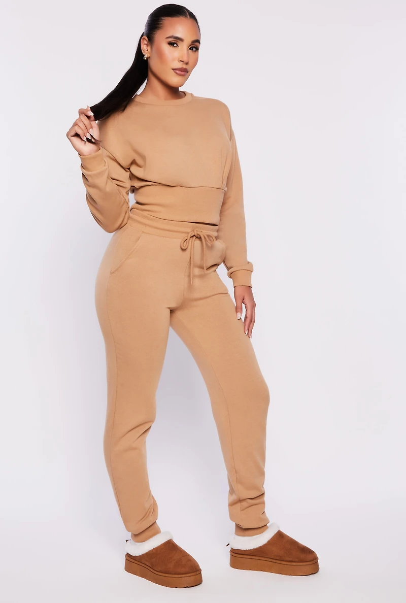 Womens Crew Neck Cropped Sweatshirt, Beige, Size S