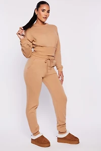 Womens Crew Neck Cropped Sweatshirt, Beige, Size S