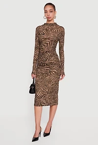 Swirl Print Mesh High Waisted Ruched Side Midi Skirt