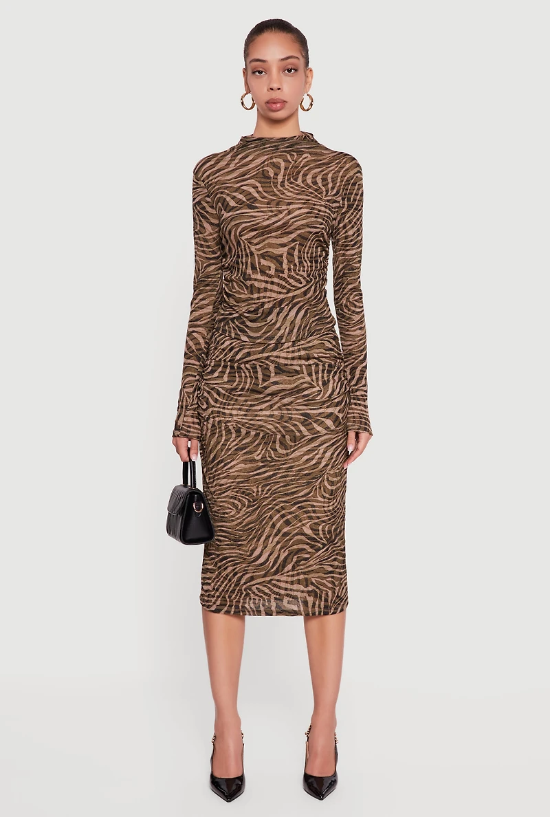 Swirl Print Mesh High Waisted Ruched Side Midi Skirt