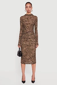 Swirl Print Mesh High Waisted Ruched Side Midi Skirt