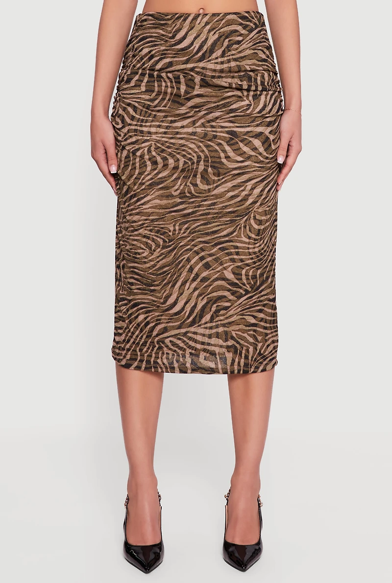 Womens Swirl Print Mesh High Waisted Ruched Side Midi Skirt, Green, Size M