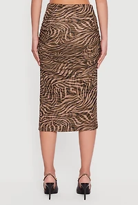 Swirl Print Mesh High Waisted Ruched Side Midi Skirt