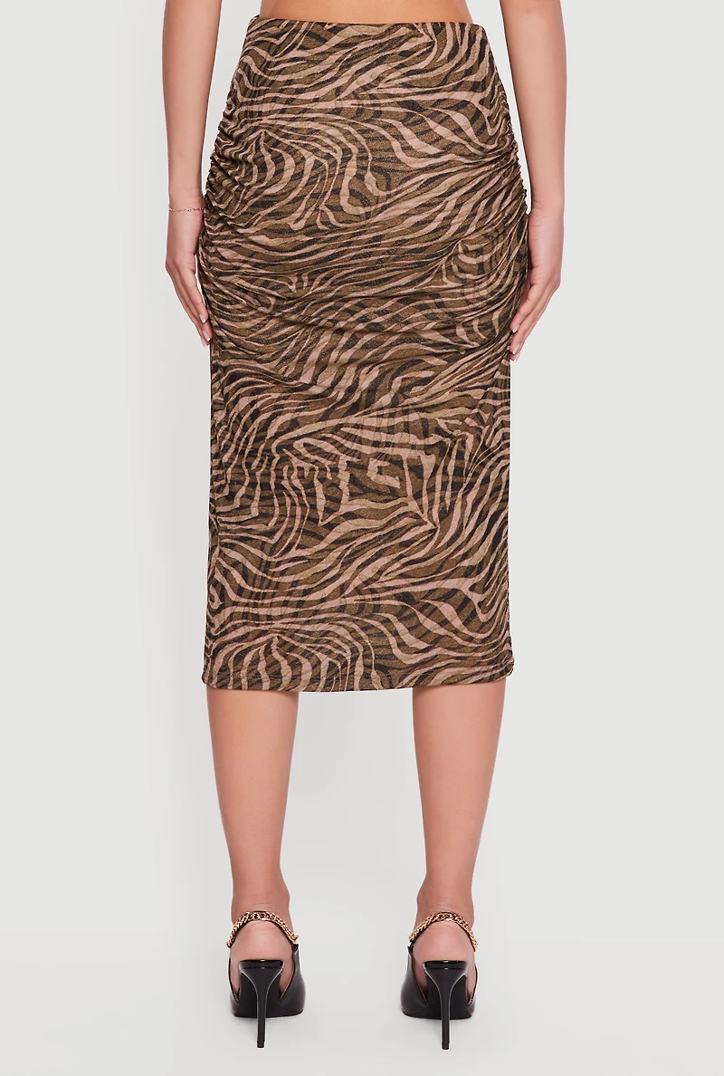 Swirl Print Mesh High Waisted Ruched Side Midi Skirt