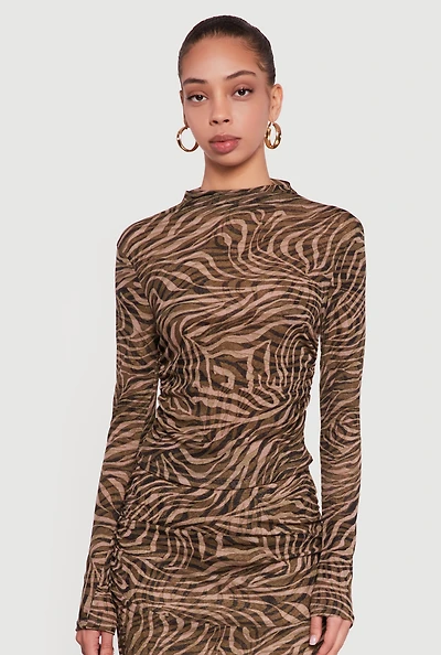 Swirl Print Mesh Ruched Side Long Sleeve Funnel Neck Blouse