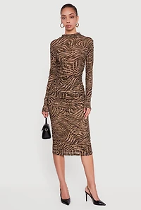 Swirl Print Mesh Ruched Side Long Sleeve Funnel Neck Blouse