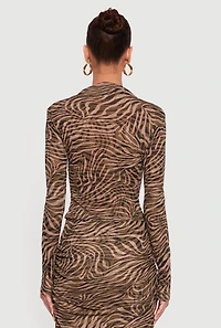 Swirl Print Mesh Ruched Side Long Sleeve Funnel Neck Blouse