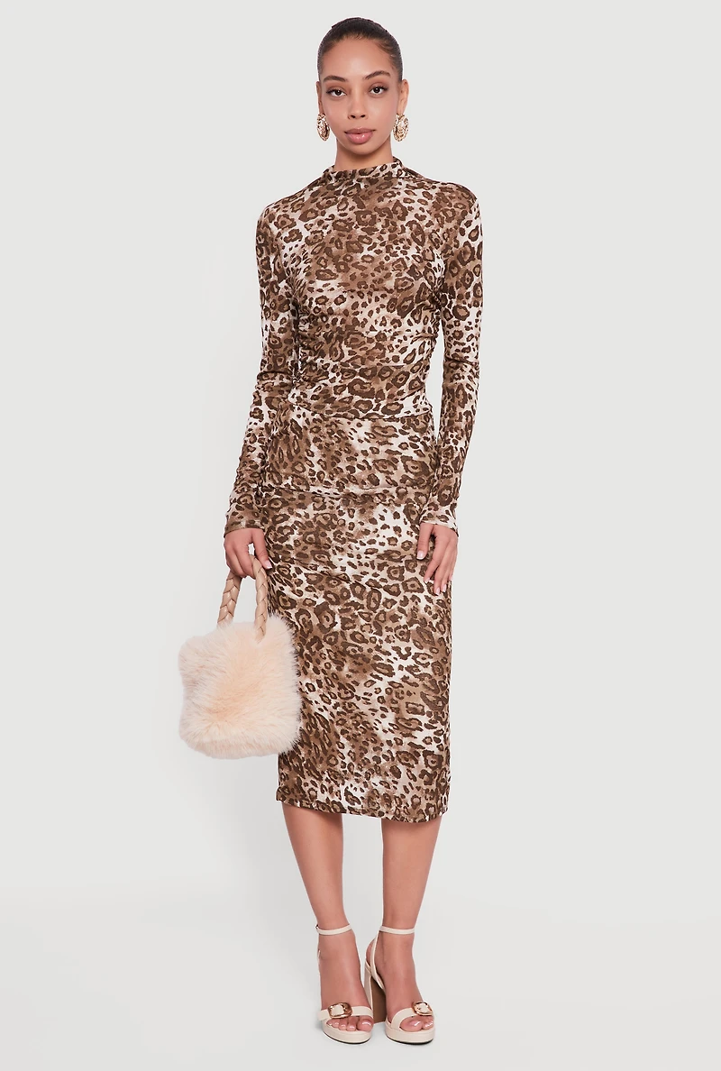 Leopard Print Ruched High Waisted Midi Skirt