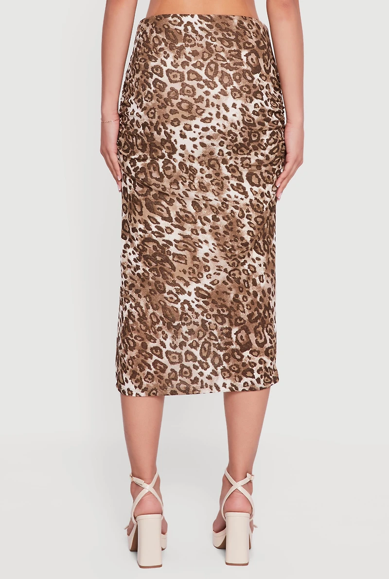 Womens Leopard Print Ruched High Waisted Midi Skirt, Brown, Size S