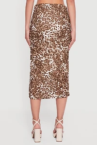 Leopard Print Ruched High Waisted Midi Skirt
