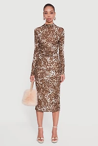 Leopard Print Ruched Long Sleeve Mock Neck Top