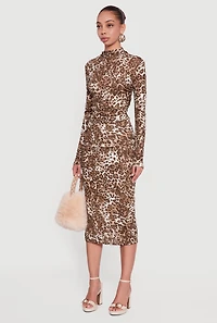 Leopard Print Ruched Long Sleeve Mock Neck Top