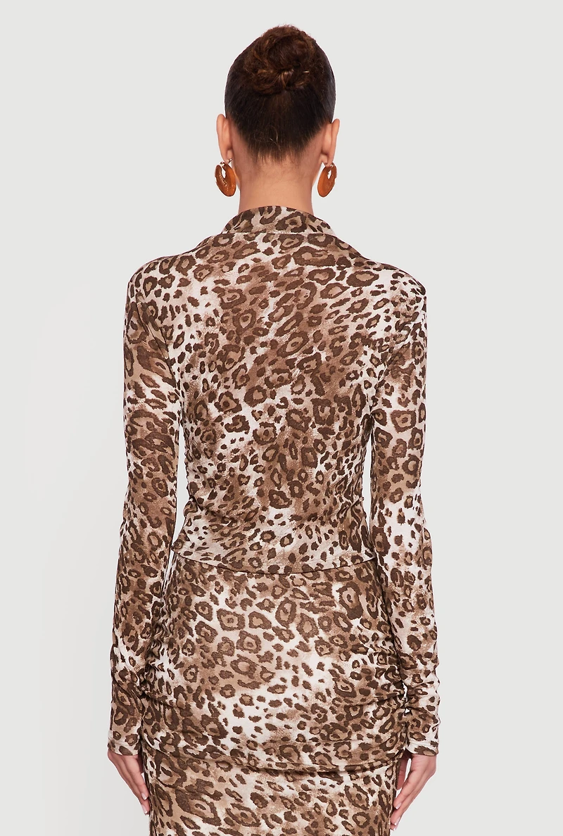 Leopard Print Ruched Long Sleeve Mock Neck Top