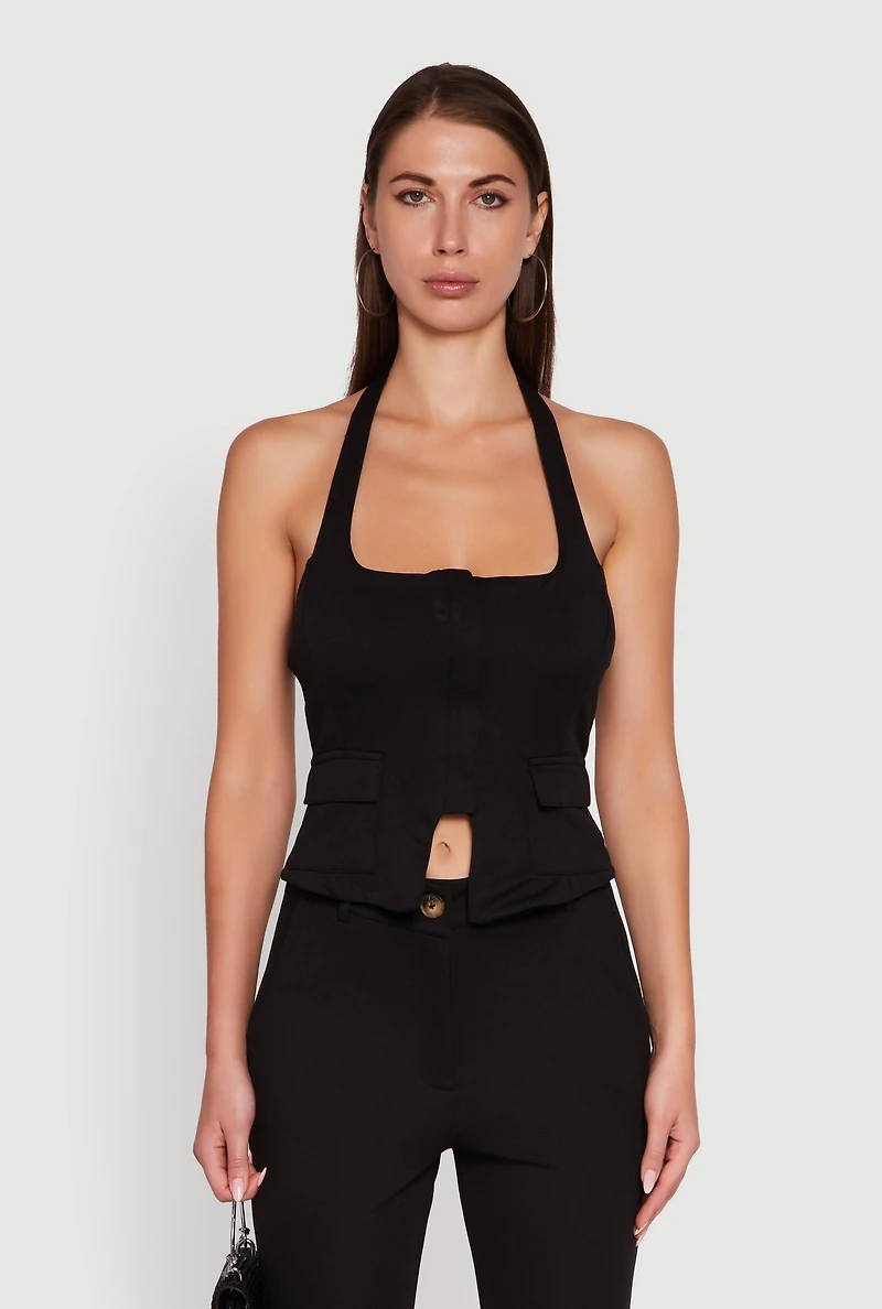 Womens Zip Front Halter Blazer Vest, Black, Size S