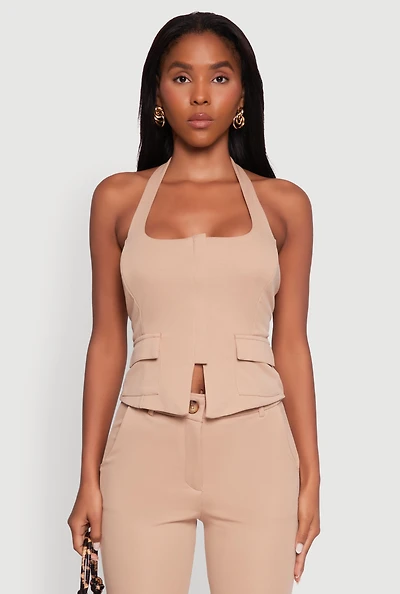 Womens Zip Front Halter Blazer Vest, Beige, Size M