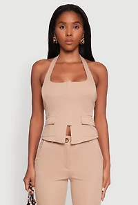 Womens Zip Front Halter Blazer Vest, Beige, Size M