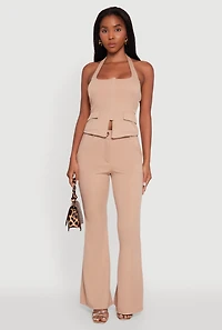 Womens Zip Front Halter Blazer Vest, Beige, Size L