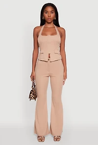 Womens Zip Front Halter Blazer Vest, Beige, Size L