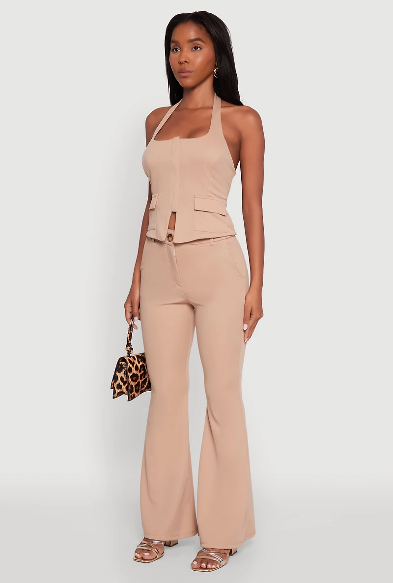 Womens Zip Front Halter Blazer Vest, Beige, Size S