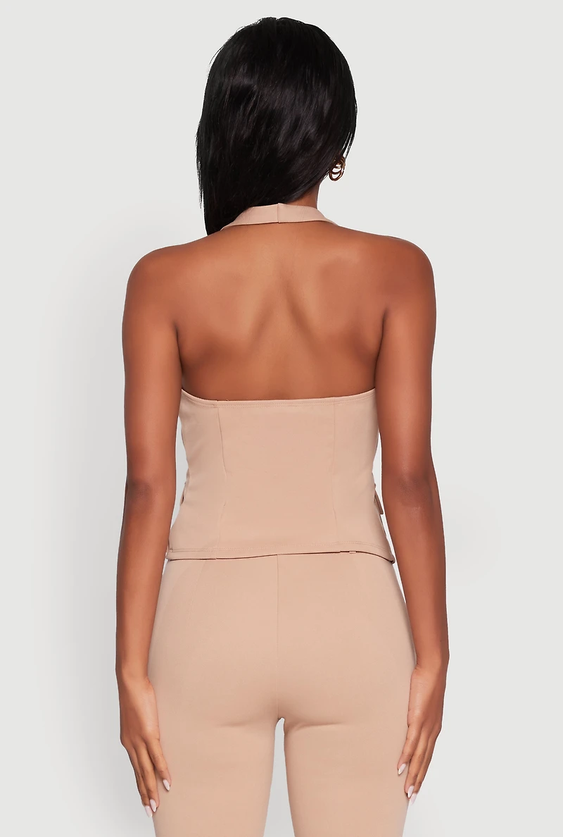 Womens Zip Front Halter Blazer Vest, Beige, Size S