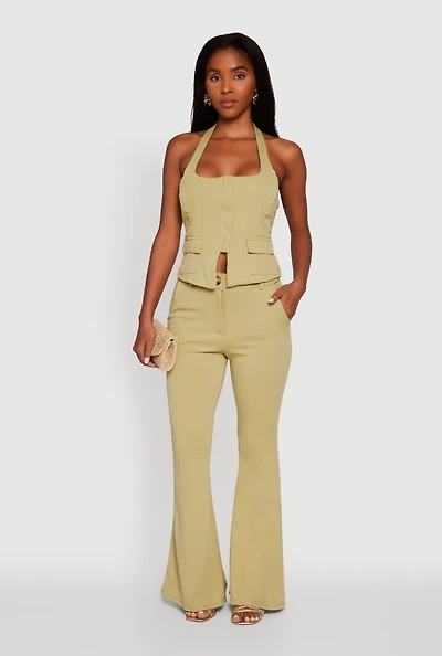 Womens Solid Flared Dress Pants, Green, Size M