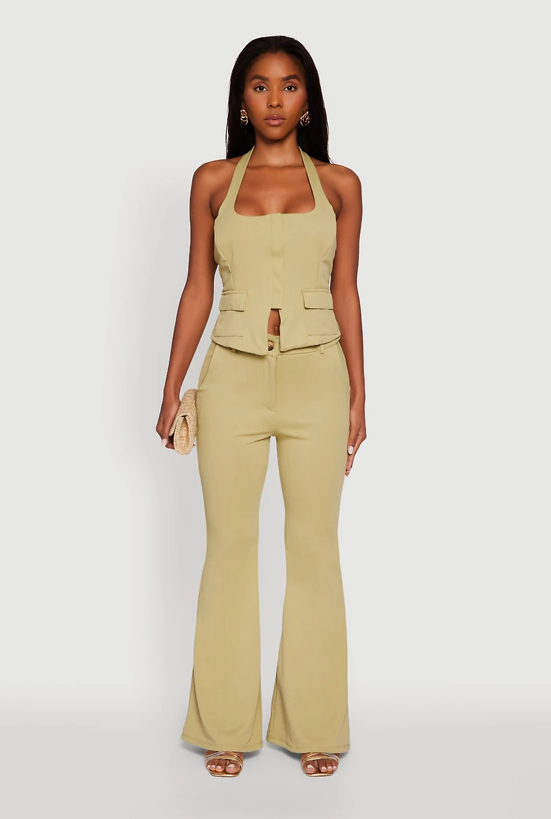 Womens Solid Flared Dress Pants, Green, Size M