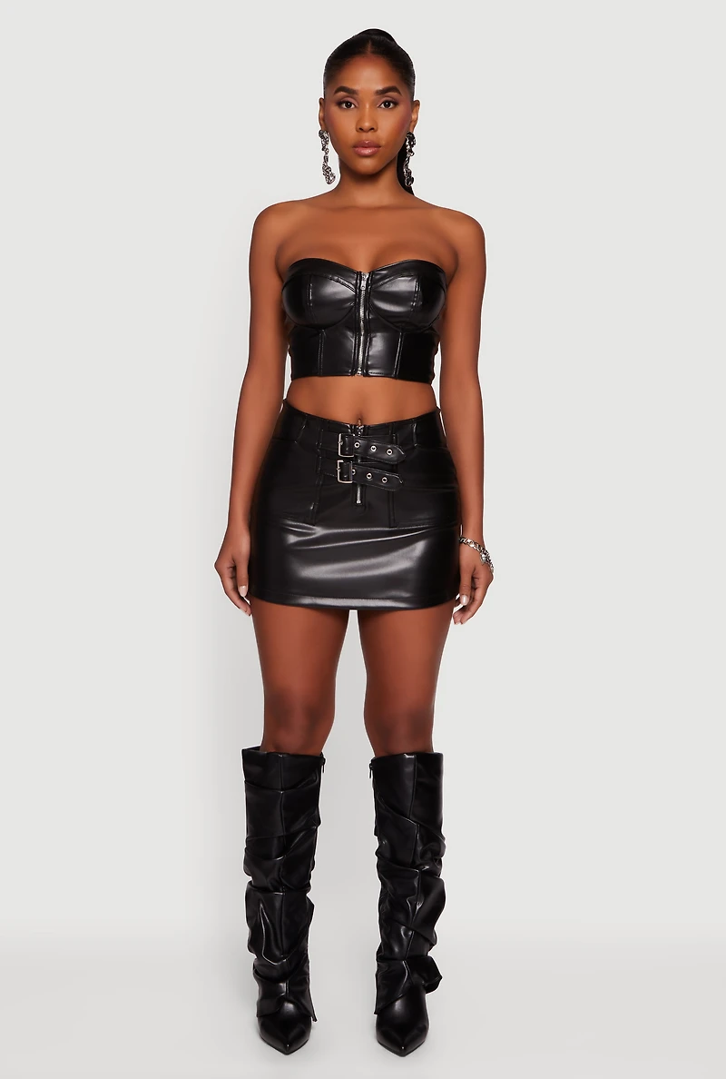 Womens Faux Leather Double Buckle Mini Pencil Skirt,