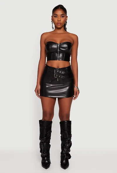 Womens Faux Leather Double Buckle Mini Pencil Skirt,