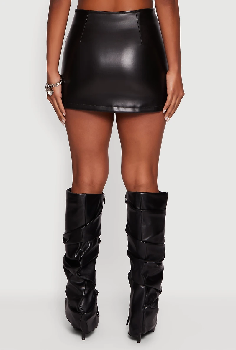 Womens Faux Leather Double Buckle Mini Pencil Skirt,