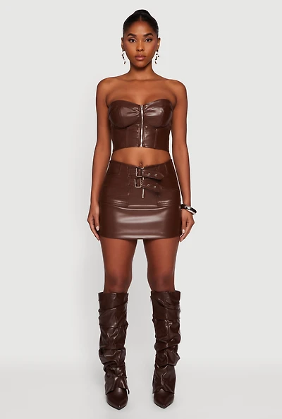 Womens Faux Leather Double Buckle Mini Pencil Skirt,
