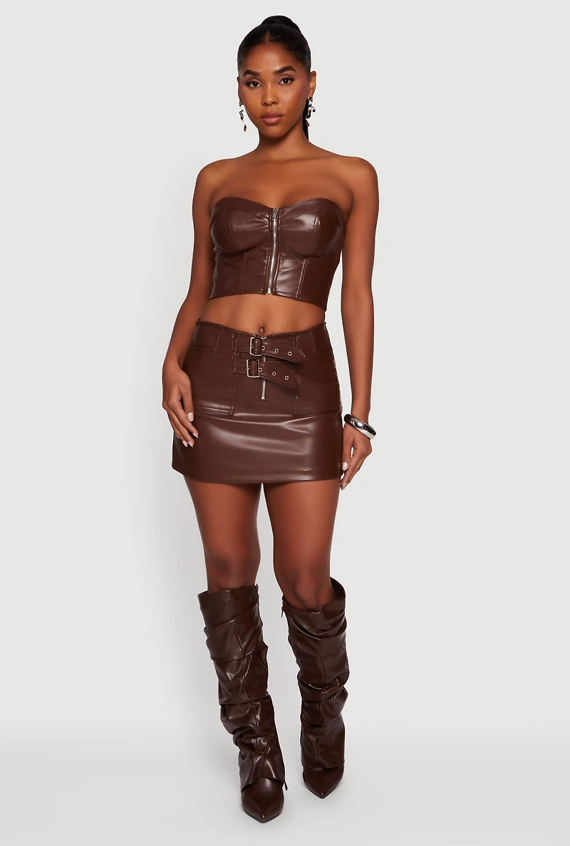 Faux Leather Double Buckle Mini Pencil Skirt