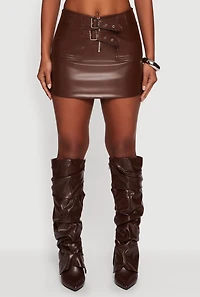 Faux Leather Double Buckle Mini Pencil Skirt