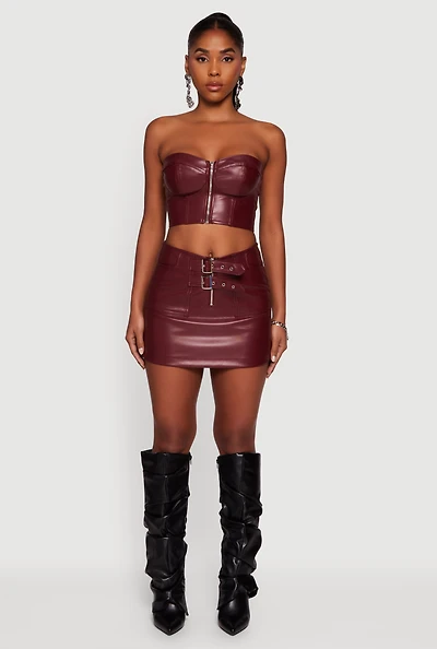 Faux Leather Double Buckle Mini Pencil Skirt