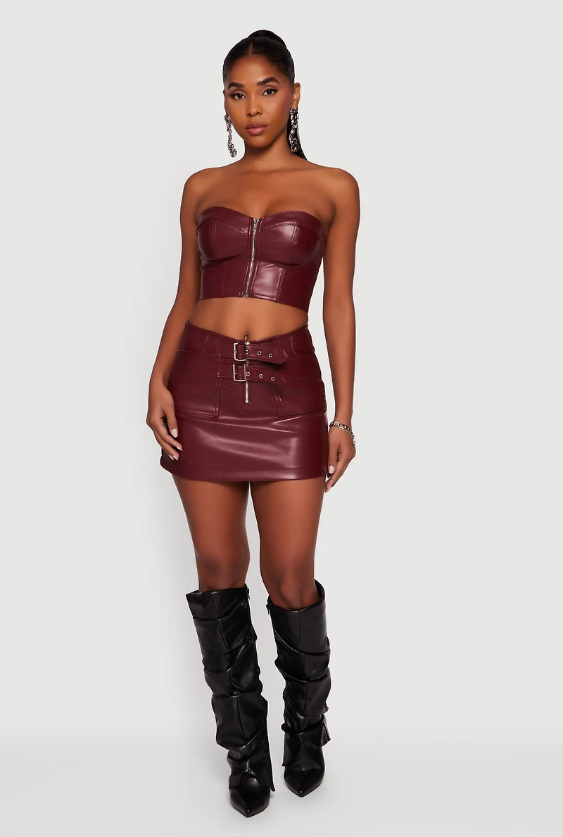Faux Leather Double Buckle Mini Pencil Skirt