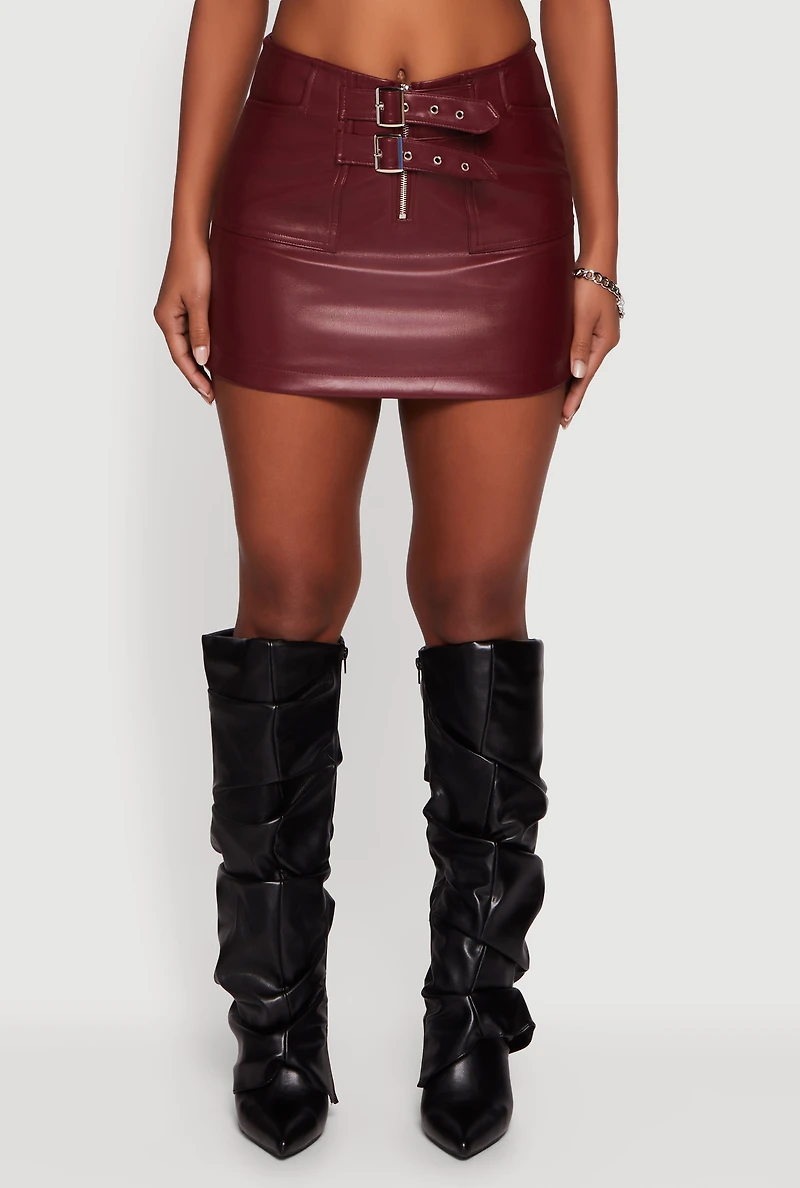Faux Leather Double Buckle Mini Pencil Skirt