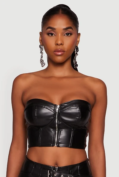 Womens Strapless Faux Leather Cropped Bustier Corset Top,