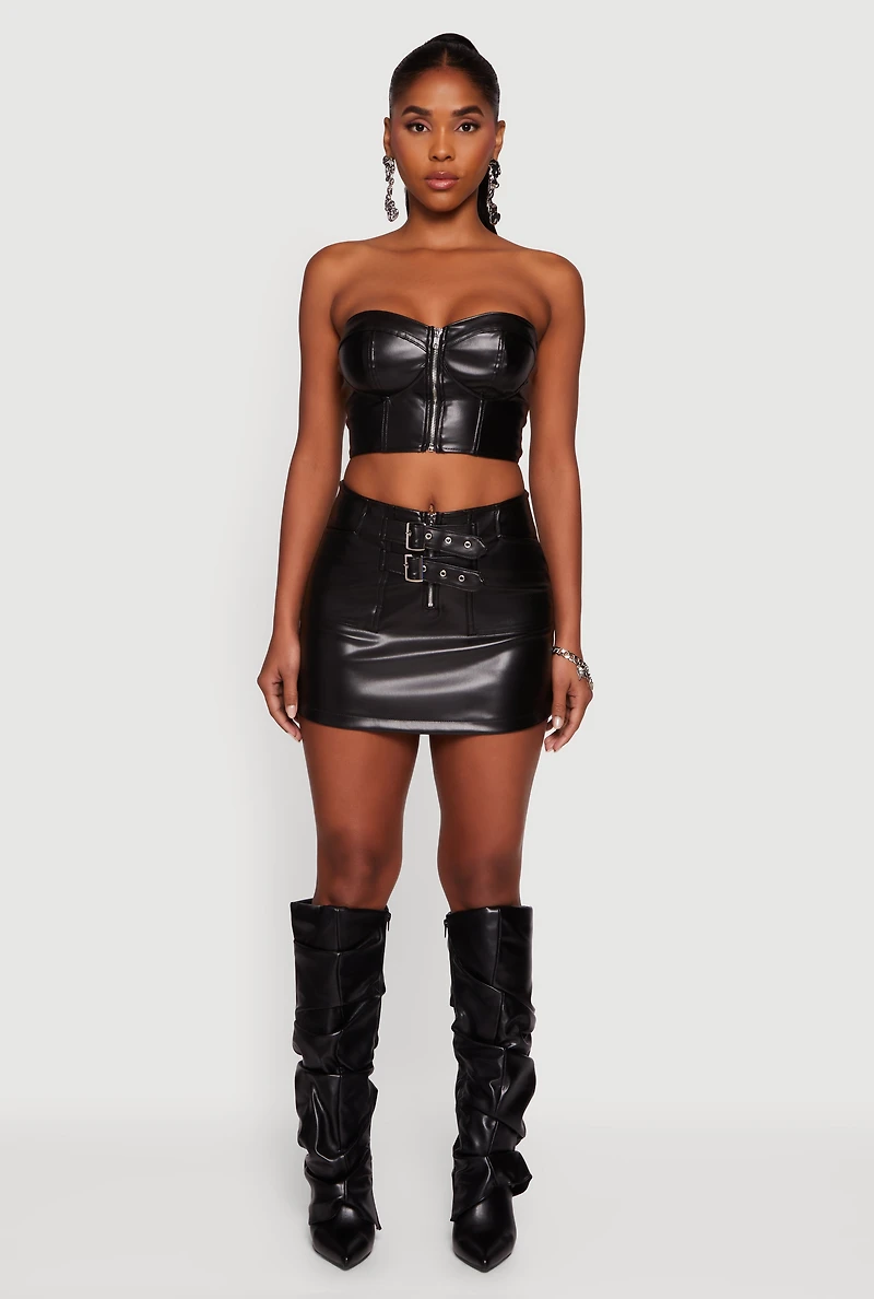 Strapless Faux Leather Cropped Bustier Corset Top