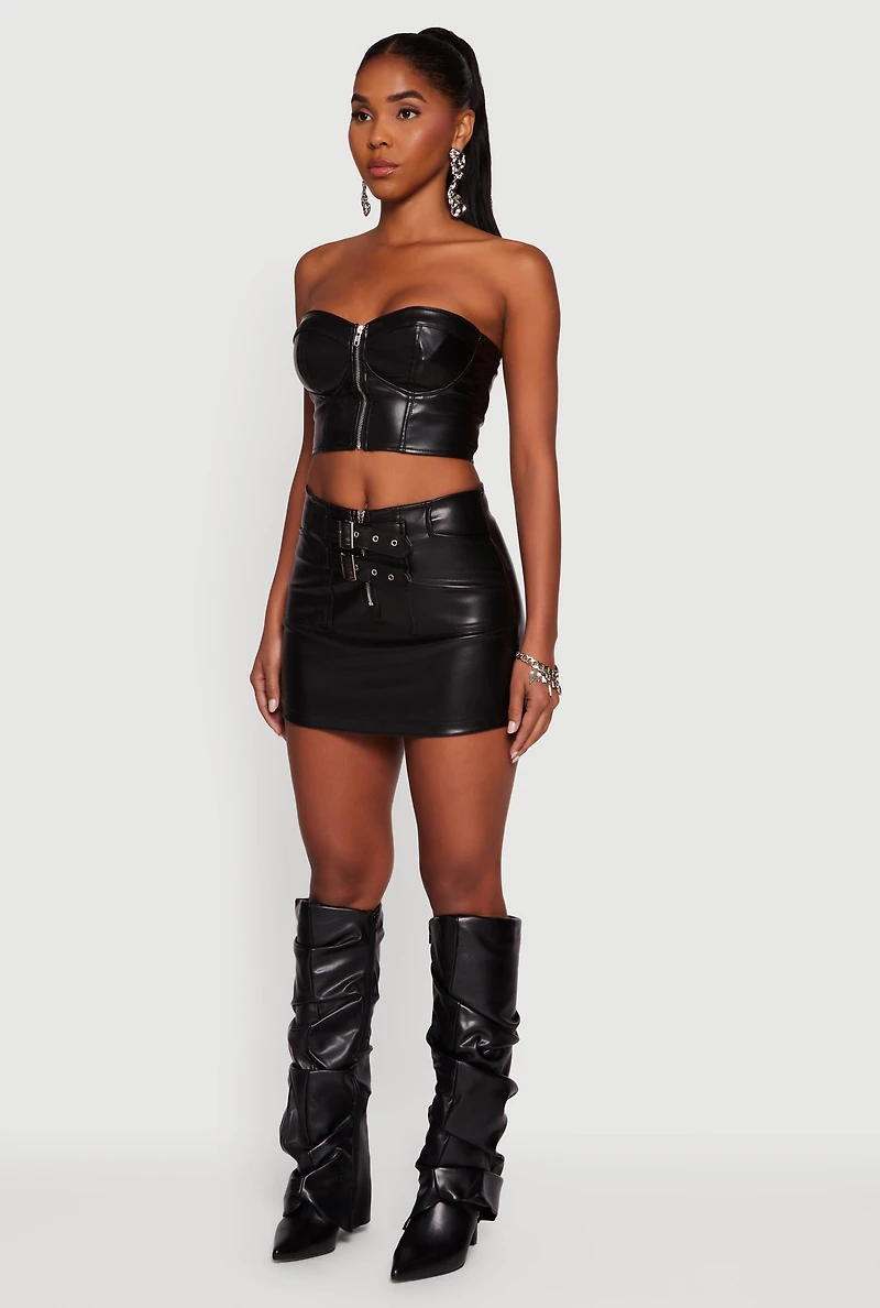 Strapless Faux Leather Cropped Bustier Corset Top