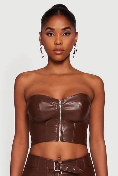 Womens Strapless Faux Leather Cropped Bustier Corset Top, Brown,
